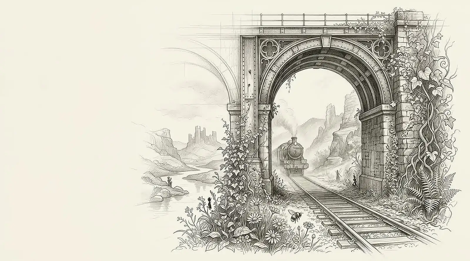 Completed graphite drawing of a railway tunnel arch with a steam train, by Kevin Butler