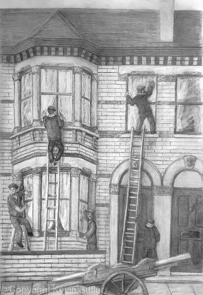 Pencil sketch of window cleaners on ladders working across the front of a Victorian terraced house