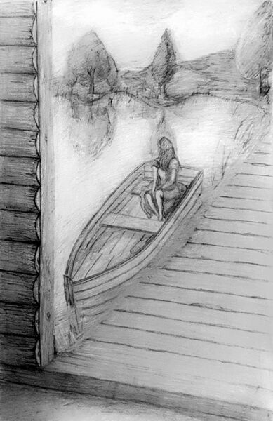 Pencil sketch of a woman seated in a rowing boat on still water, framed by a wooden boathouse