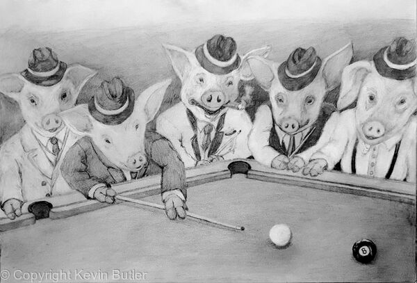 Pencil sketch of five pigs in suits and hats gathered around a pool table mid-game