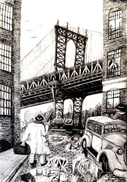 Pencil sketch of a 1930s street scene beneath the Manhattan Bridge, with a vintage car and figures on the sidewalk
